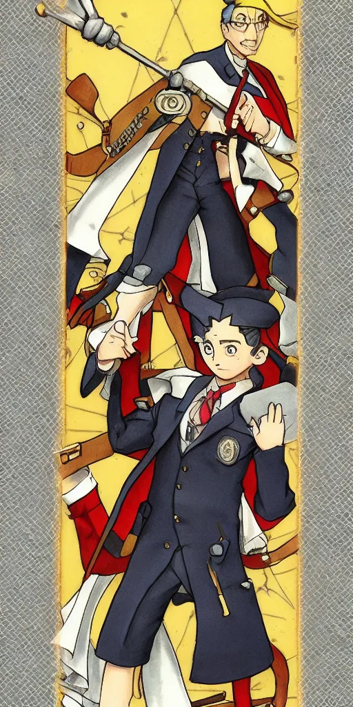 Prompt: the judge from Ace Attorney with a scale in one hand. Tarot card Justice