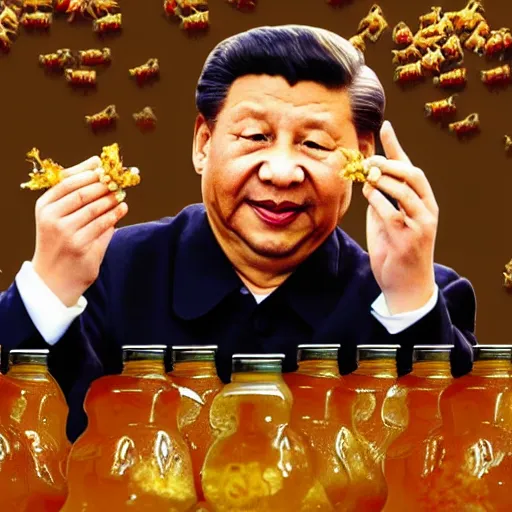 Image similar to Xi Jinping eating honey out of a jar with his hands.