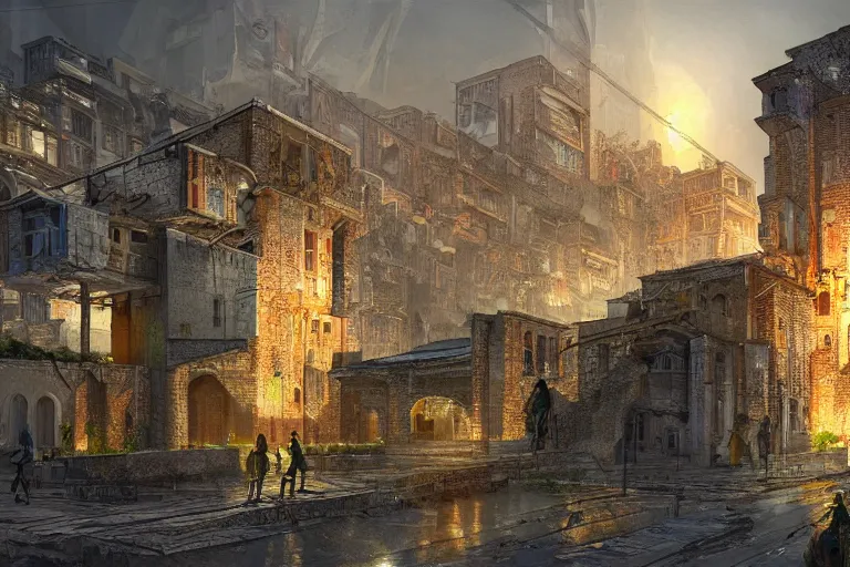 Image similar to cyberpunk mystical mount athos monastery slums architectural bright concept art