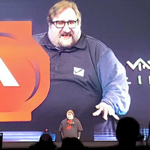 Image similar to gabe newell on stage presenting half life 3 logo