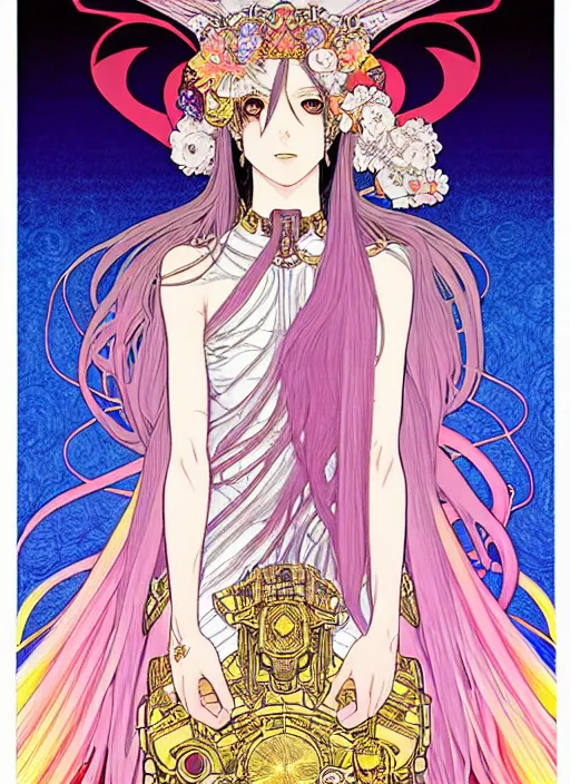 Prompt: highly detailed terada katsuya minaba hideo legend of the cryptids atrstation manga poster of princess mechine, rainbow gradient reflection, long hair, armor, dress, laces, ruffles, 8 k, maximalist, alphonse mucha