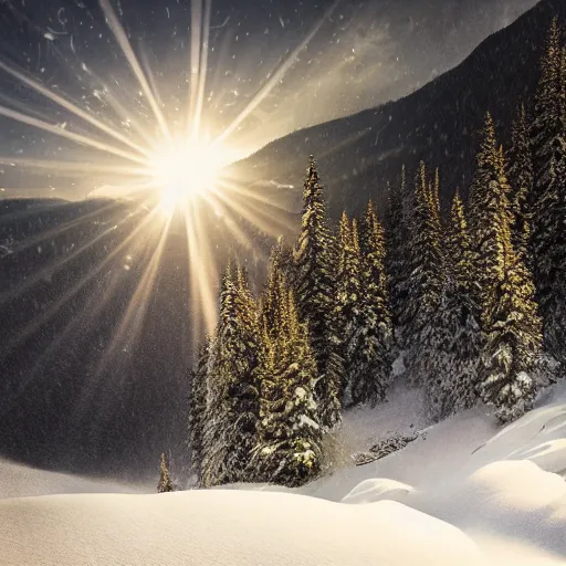 Image similar to snowfall over a beautiful mountain scene with sparse rays of sunshine