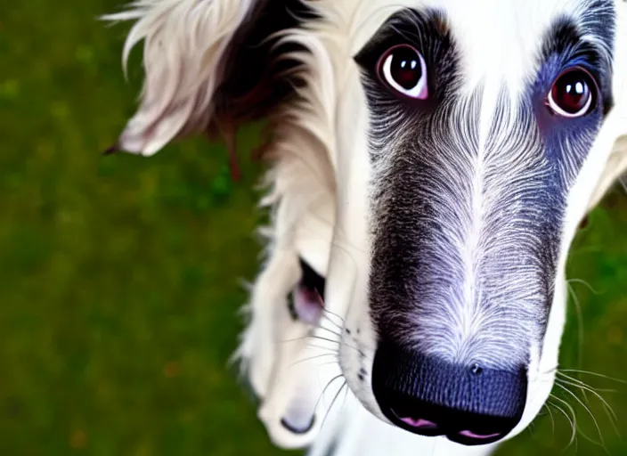 Image similar to a photo of a borzoi dogs face, fisheye lens