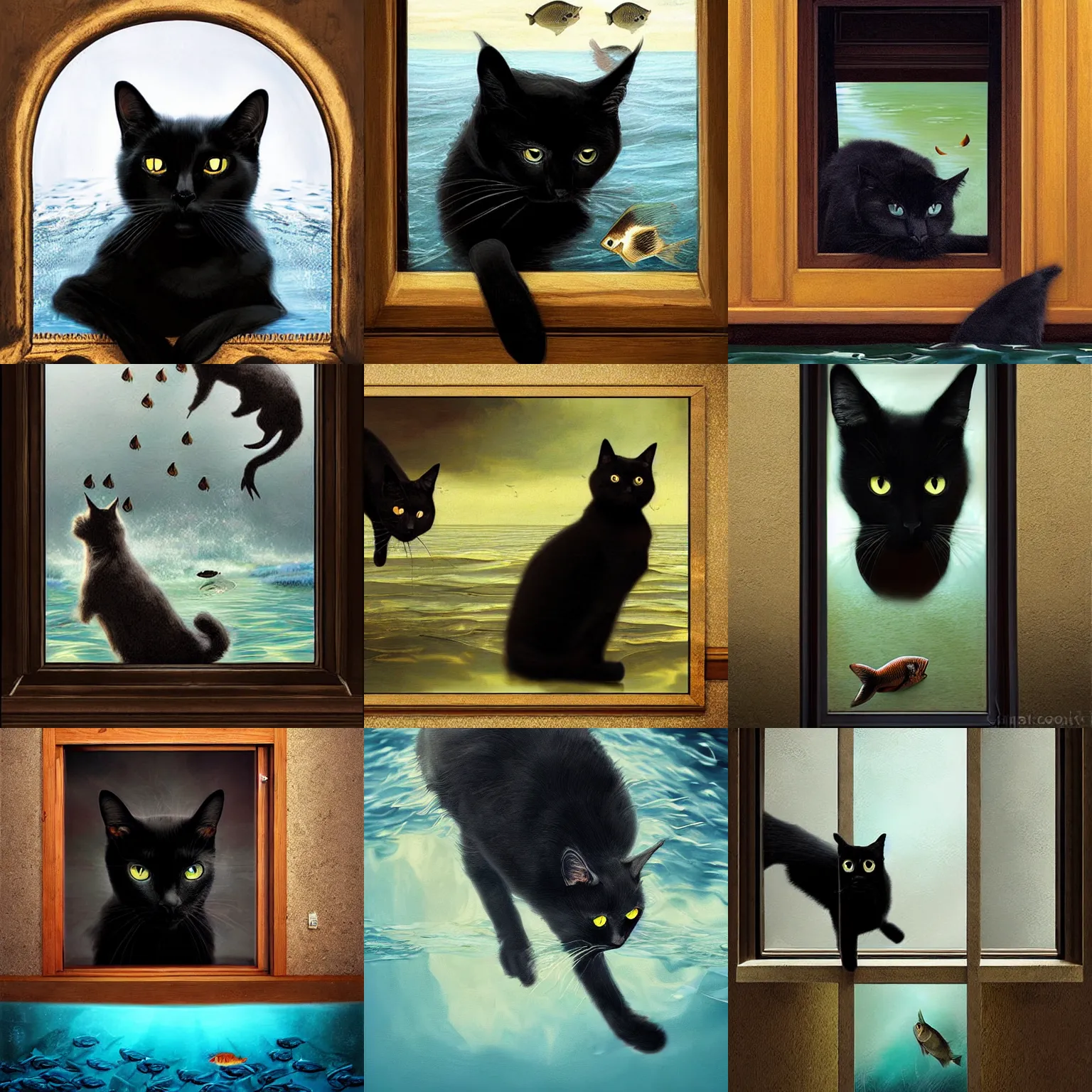 Prompt: conceptual art of a black cat looking at fish swimming through a transparent door, realistic painting, classical painting, high definition, digital art, matte painting, very detailed, realistic