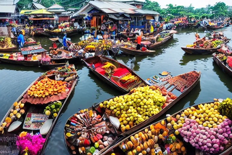 Image similar to At the buzzing floating market in Thailand, Artgerm