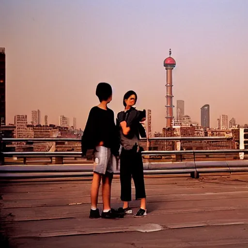Prompt: a small rooftop with a couple of modern teenagers, standing and talking to each other, highly detailed, wearing black modern clothes, modern shanghai bund is on the background, dust, sunset, by gregory crewdson