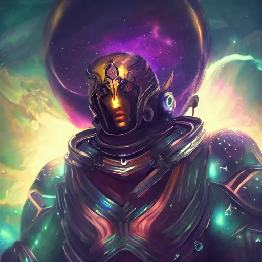 Image similar to photorealistic fantasy cosmic concept art of a cosmic god with armor made out of planets and dark matter, hovering in a unknown galaxy, fully body portrait, cinematic, dynamic lighting, ultra detailed, creative, trending on art station, creative