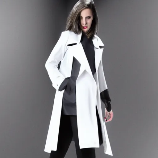 Prompt: white trench coat, technology, fantasy, clothing design