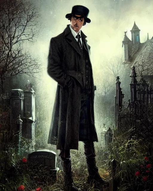 Prompt: sherlock holmes standing in a graveyard, night, detailed, hd, bright, sunny, by tom bagshaw, by fintan magee, by raymond swanland, by sherree valentine daines