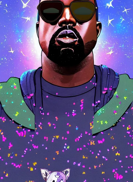 Prompt: portrait of kanye west sunglasses stars in the sky fairies with detailed faces enchanted forest on the ground psychedelic wide angle shot white background vector art illustration gears of war illustration gta 5 artwork of kanye west, in the style of gta 5 loading screen, by stephen bliss by hieronymus bosch and frank frazetta
