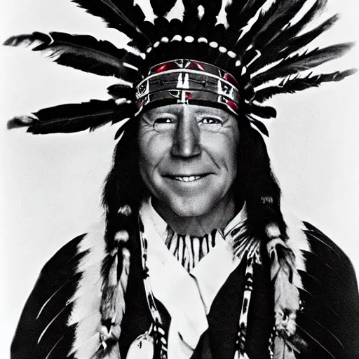 Image similar to Joe Biden as a Native American, wearing Native American headdress