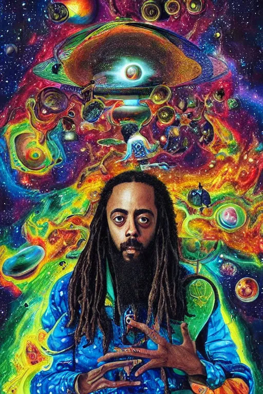 Prompt: a high hyper detailed painting with many complex textures of damian marley making music in the cosmos, cosmic surreal psychedelic magic realism spiritual ufo art