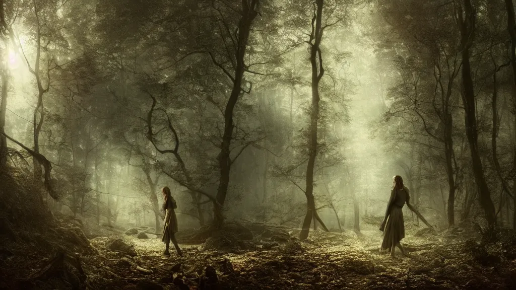 Image similar to eleanor tomlinson in the dark forest. andreas achenbach, artgerm, mikko lagerstedt, zack snyder, tokujin yoshioka