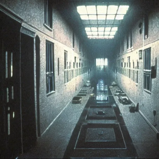 Prompt: an ominous lunatic insane asylum. still from blade runner