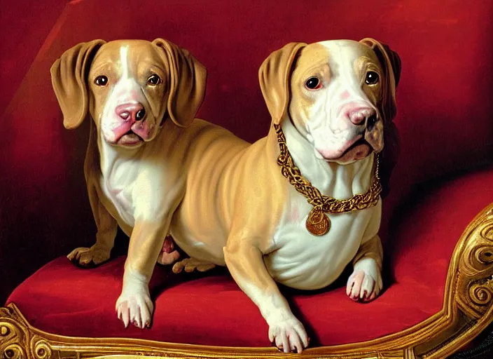 Prompt: baroque rococo painting The Fancy Royal Pitbull In The Parlor portrait Greg Hildebrandt high detail cute puppy