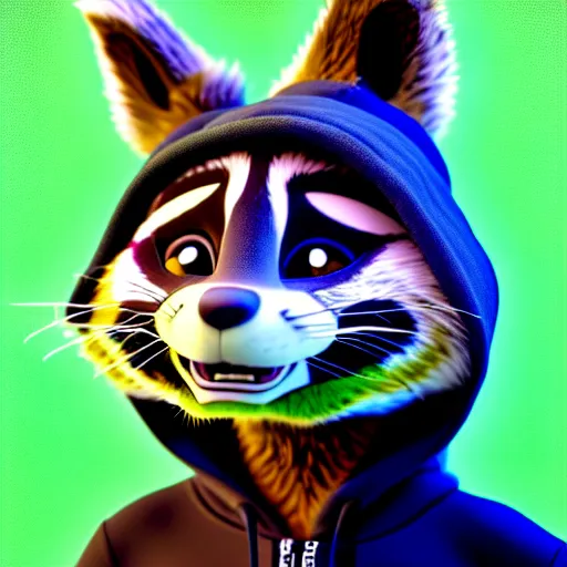 Prompt: a chill stoner with a black hoodie on with a marijuana themed dark green raccoon head from zootopia, wearing beanie, smoking, 3 d, blender 3 d, render, extremely detailed, 8 k, detailed fur