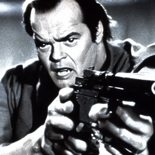 Image similar to Jack Nicholson plays Terminator, shooting from a gun, film still