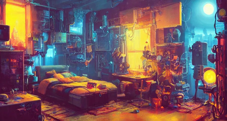 Image similar to IKEA catalogue photo of a cyberpunk bedroom, by Paul Lehr, 8k, HD, realistic, cinematic, artstation, details