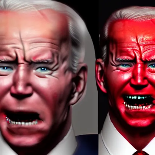 Image similar to hyper realistic terror photo Doom horror furious glowing red eyes biden