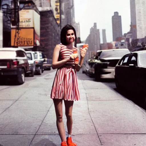 Prompt: a film photo of a pretty young woman, 26, wearing summer clothes, holding an ice cream cone on a hot summer's day in New York City