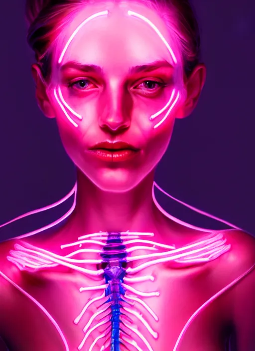 Prompt: portrait female posing sensual figure x - ray, skeletal, glowing veins under translucent skin, highly detailed skin, among neon bed of flowers, windy, stormy sky, bioluminescent, plasma, greg rutkowski, 8 k trending on artstation,