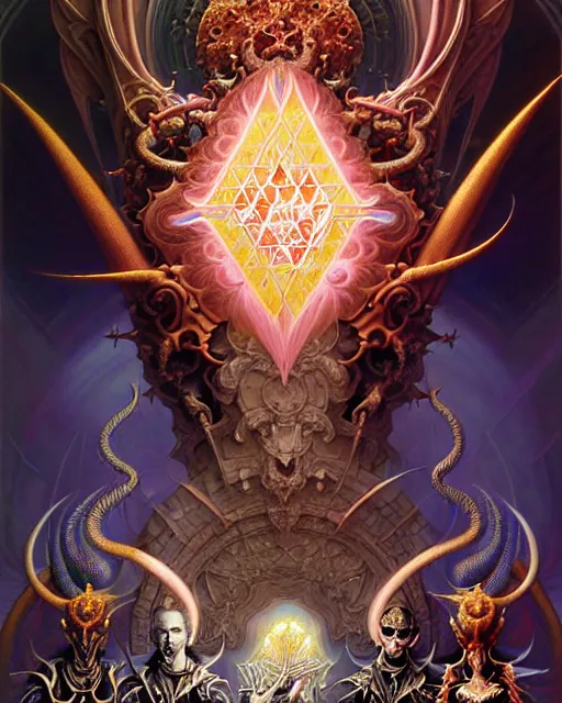 Image similar to a portrait of the council of angels and devils, fantasy character portrait made of fractals facing each other, ultra realistic, wide angle, intricate details, the fifth element artifacts, highly detailed by peter mohrbacher, hajime sorayama, wayne barlowe, boris vallejo, aaron horkey, gaston bussiere, craig mullins