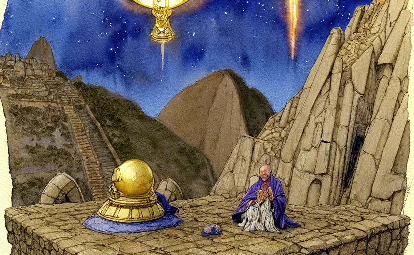 Image similar to a realistic and atmospheric watercolor fantasy concept art of a golden ufo landing on top of machu pichu. in the foreground a female medieval monk in grey robes is kneeling with her hands by her sides. by rebecca guay, michael kaluta, charles vess and jean moebius giraud