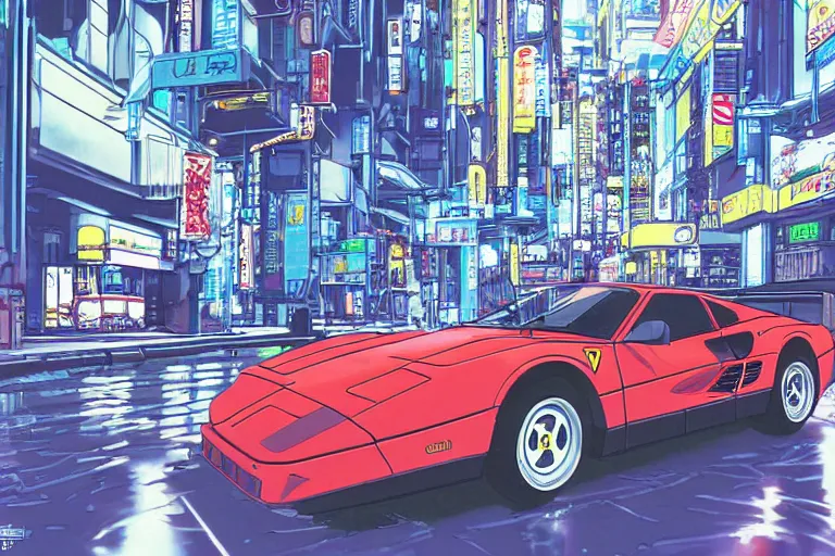 Image similar to 1985, single Ferrari GTO, city in anime cyberpunk style by Hayao Miyazaki