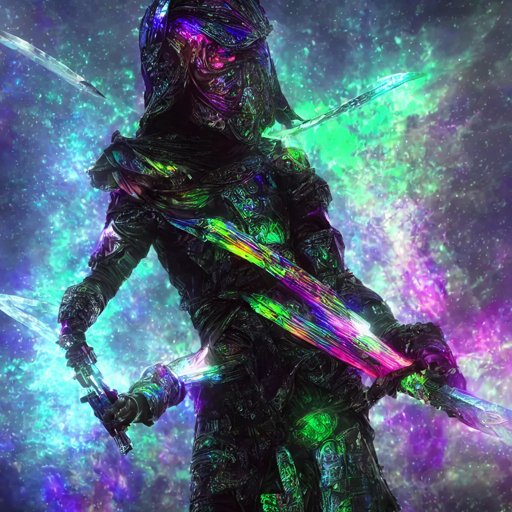 Prompt: Photorealistic render of a dark hooded powerful elite assassin wearing iridescent armor coated in complex circuit boards and brandishing a multicolored celestial sword (detailed, colorful,, iridescent, high quality, epic, futuristic, octane render, beautiful, shimmering, deity, epic dark megastructure background)