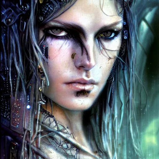 Image similar to an award finning closeup facial portrait by luis royo and john howe of a very beautiful and attractive female bohemian cyberpunk traveller aged 2 5 with green eyes and freckles in clothed in excessively fashionable cyberpunk gear and wearing ornate warpaint