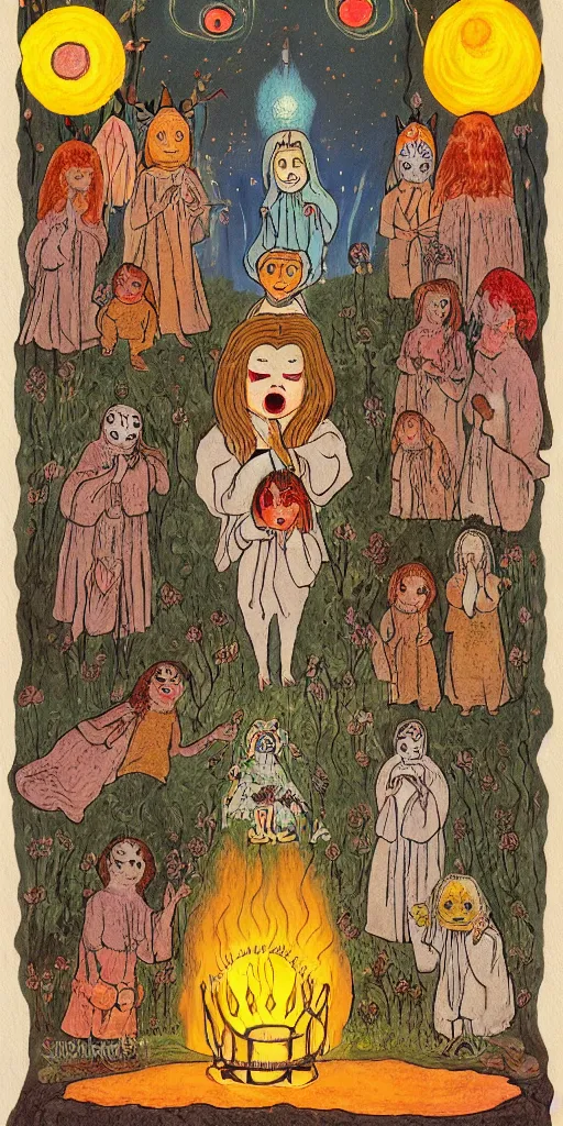 Prompt: small impish joyful creature in white robe with glowing eyes and sun ray flame hair holding lit matches and singing, three sisters visiting, The Queen in the Cave Children's book illustration, traditional folk art style, gouache on paper, outsider art, David Palladini, Mu Pan, Carson Ellis, Julia Sarda, tarot card, Henry Darger, Louis Wain