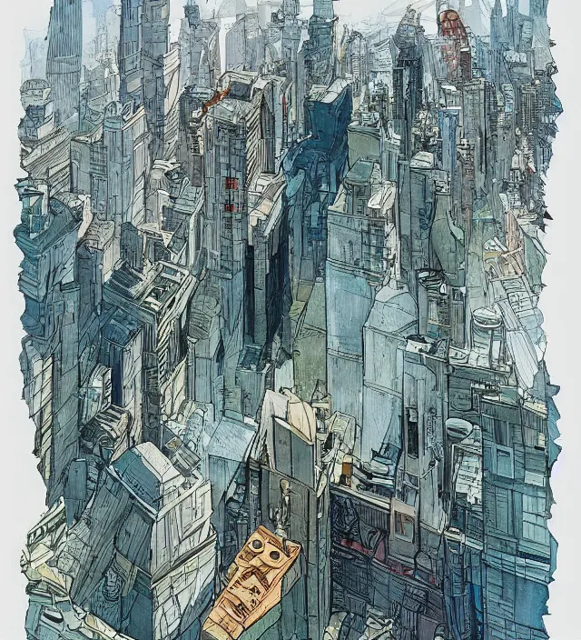 Image similar to a watercolor ink painting of a post - apocalyptic new - york in the style of jean giraud in the style of moebius trending on artstation deviantart pinterest detailed realistic hd 8 k high resolution