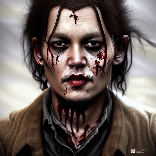 Image similar to portrait of young johnny depp as a zombie, 7 days to die zombie, fine art, award winning, intricate, elegant, sharp focus, cinematic lighting, highly detailed, digital painting, 8 k concept art, art by guweiz and z. w. gu, masterpiece, trending on artstation, 8 k