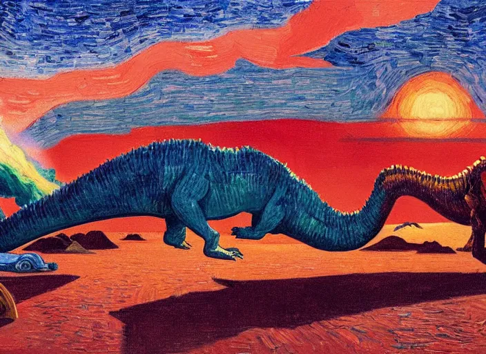 Image similar to painting of the extinction of the dinosaurs with asteroid and fire, in the style of edward hopper and vincent van gogh, dramatic lighting at dusk