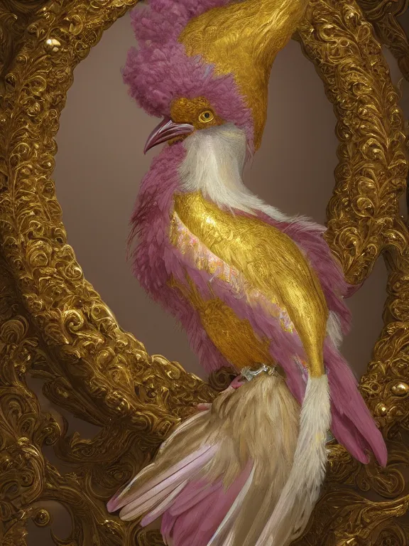 Image similar to a beautiful render of an exotic pale lilac feathered and metallic gold bird with red jewel eyes, surrounded by an elaborate decorative plaster arabesque rococo motif, by Raphael and Antoine Watteau, zbrush, redshift render, 8k, hyperreal