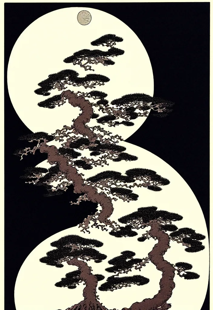 Image similar to prompt: white Bonsai tree holding and merging into big moon drawn by Takato Yamamoto, Japanese woodblock print style of Hokusai, white moon and black background, clean ink detailed line drawing, intricate detail, manga 1990