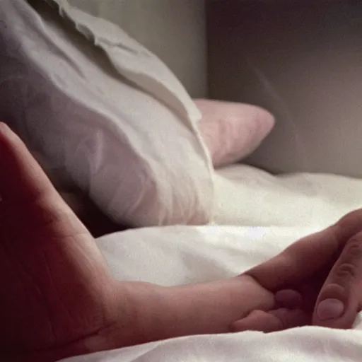 Prompt: close - up on the air - conditioning with water running on the white sheets of a girl's bed, hand of a teenager girl, ablurred, depth of field, unframed, by neo rauch, 8 k hyper realistic detailed cinematic still