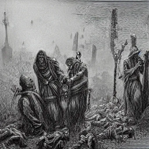 Image similar to nine steel barrels in a graveyard with 2 zombies, creepy atmosphere, dark, portrait, realistic, very realistic, illustration by gustave dore