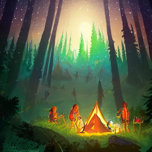 Image similar to « Epic illustration of a group of adventurers camping in a forest full of fairys at the night full of stars, with a very beautiful background and lights »