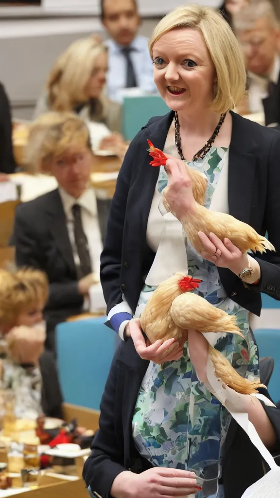 Image similar to liz truss, trussing a chicken