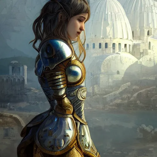 Image similar to portrait knights of Zodiac girl, silver and ice color reflected armor, in ruined Agora of Athens, ssci-fi, fantasy, intricate, very very beautiful, elegant, golden light, highly detailed, digital painting, artstation, concept art, smooth, sharp focus, illustration, art by tian zi and WLOP and alphonse mucha