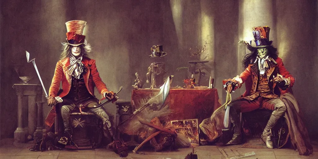 Image similar to the Mad hatter seated on his throne, surrounded by his court, holding his sword stabberwocky, by Thomas Cole and Wayne Barlowe