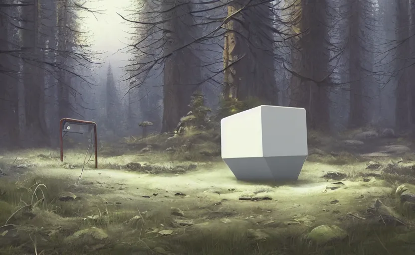 Prompt: a white metallic cube on the ground in the forest, realistic sci-fi painting by simon stålenhag, digital art, trending on artstation