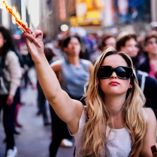 Prompt: girl in new york casting spell in crowd