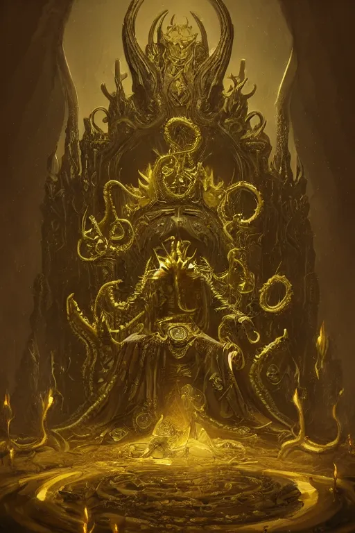 Image similar to lovecraftian gilded king on a throne in the underworld, underworld, hell, monster, devil, demon, digital art, in the style of greg rutkowski, trending on artstation