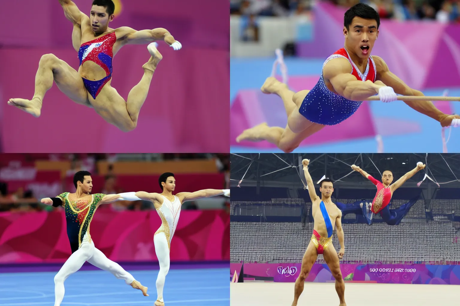 Prompt: A male Olympic athlete in a rhythmic gymnastic competition.