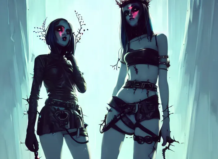 Prompt: two cute goth maiden girls with crown of thorns and white short hairs, dressed in leather belts, warhammer, cyberpunk, by atey ghailan, by greg rutkowski, by greg tocchini, by james gilleard, by joe gb fenton, by kaethe butcher, dynamic lighting, gradient light blue, brown, blonde cream and white color in scheme, grunge aesthetic