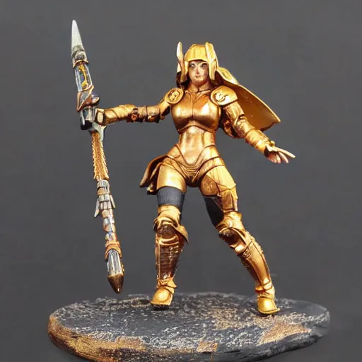 Image similar to 80mm resin detailed miniature of a heavily armored woman, fantasy, Product Introduction, golden armor, wielding a flaming warhammer, 4K