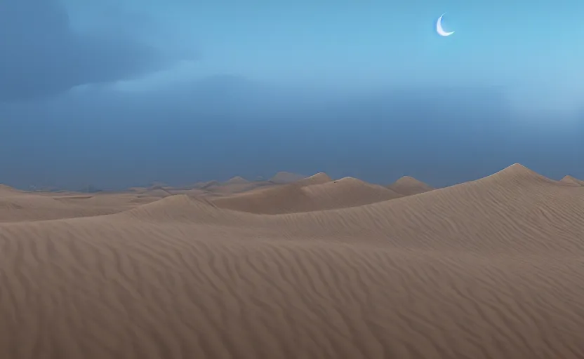 Image similar to a matte painting of desert dunes with blue light falling on them, trending on artstation, cgsociety