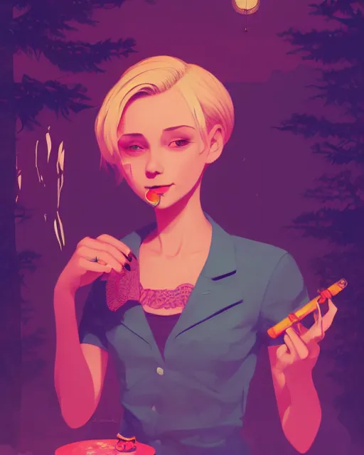 Prompt: digital illustration of pretty girl with short blonde hair hair, from alice in wonderland, smoking, in a wonderland forest, in junkyard at night, by ilya kuvshinov, lois van baarle, rossdraws, basquiat